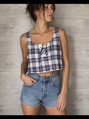 90's Lace Up Plaid Crop Top Blue White Authentic Vintage Size L
